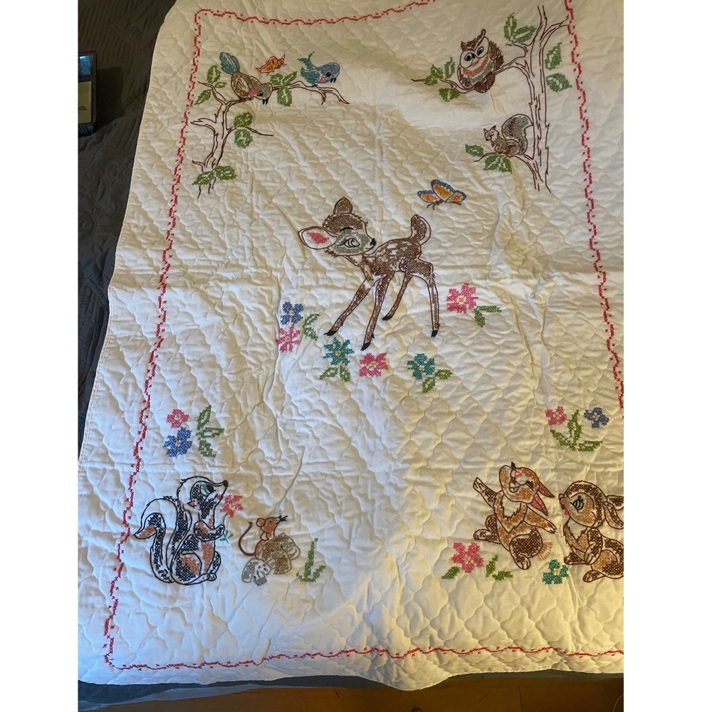 Vintage Disney Bambi Paragon Needlecraft Quilted Baby Blanket Cross Stitch White